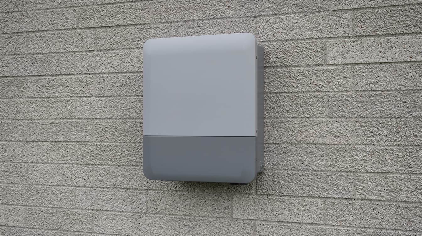 Solar inverter wall-mounted on the exterior brick wall of an Irish suburban house