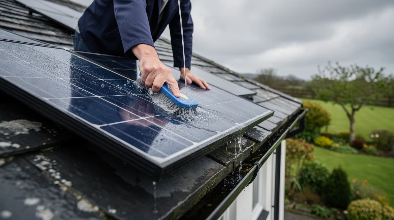 Person cleaning solar panels with a brush on an Irish house roof