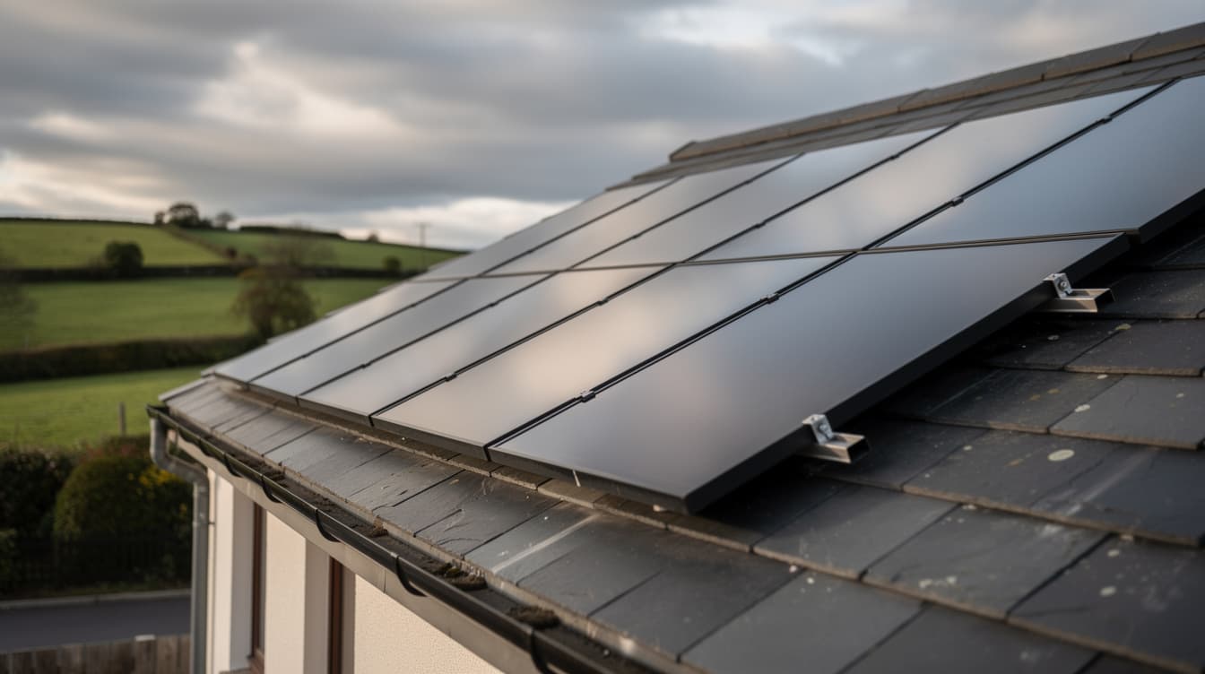 Close-up of modern black solar panels on a slate-roofed Irish house with green hills in the background