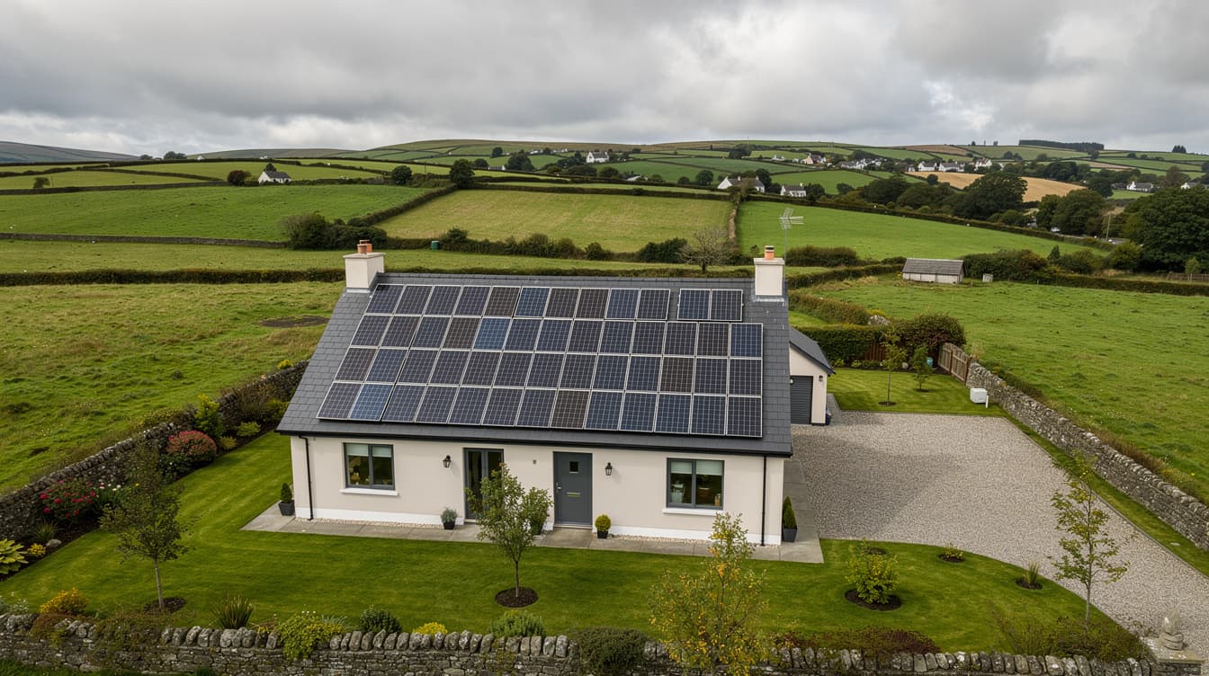 Aerial view of a 4-bedroom Irish house with solar panels on the roof, green countryside