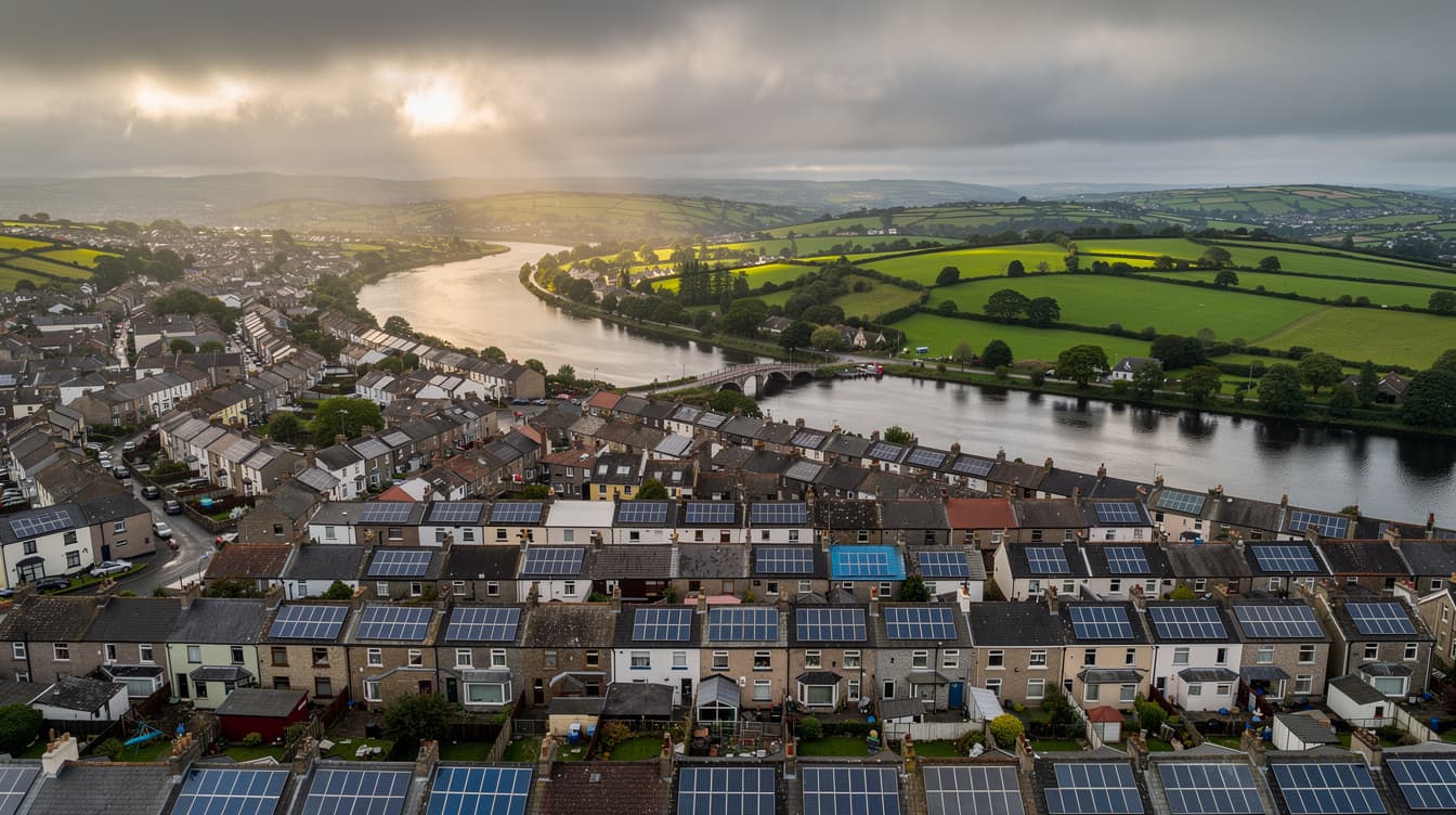 Aerial view of Cork city houses with solar panels on rooftops, River Lee in background