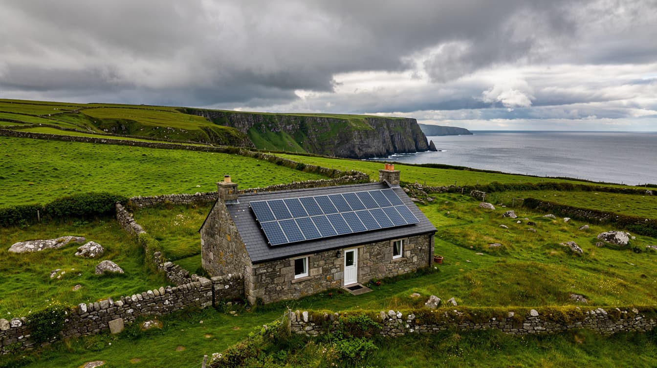 Solar panels on a traditional stone cottage in Donegal with Atlantic cliffs and green hills in background