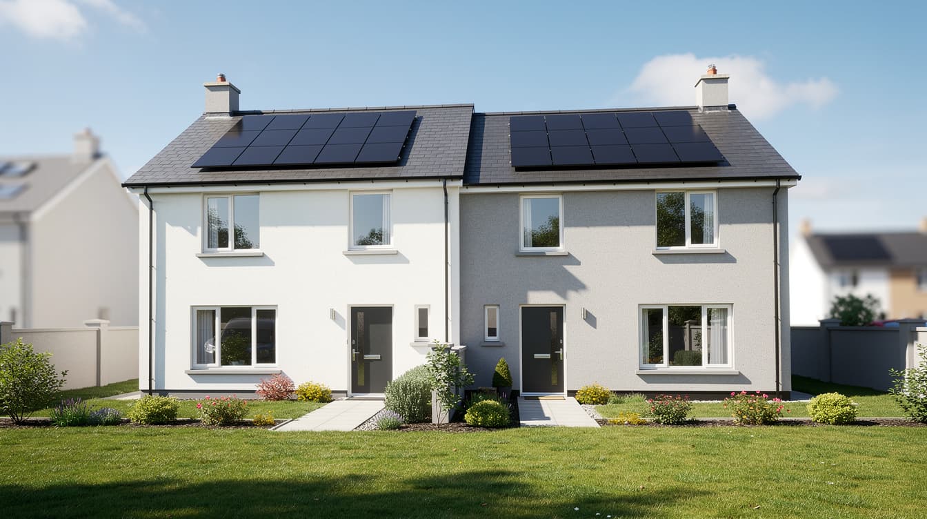 Irish semi-detached houses with solar panels on pitched roofs in a suburban estate with green gardens