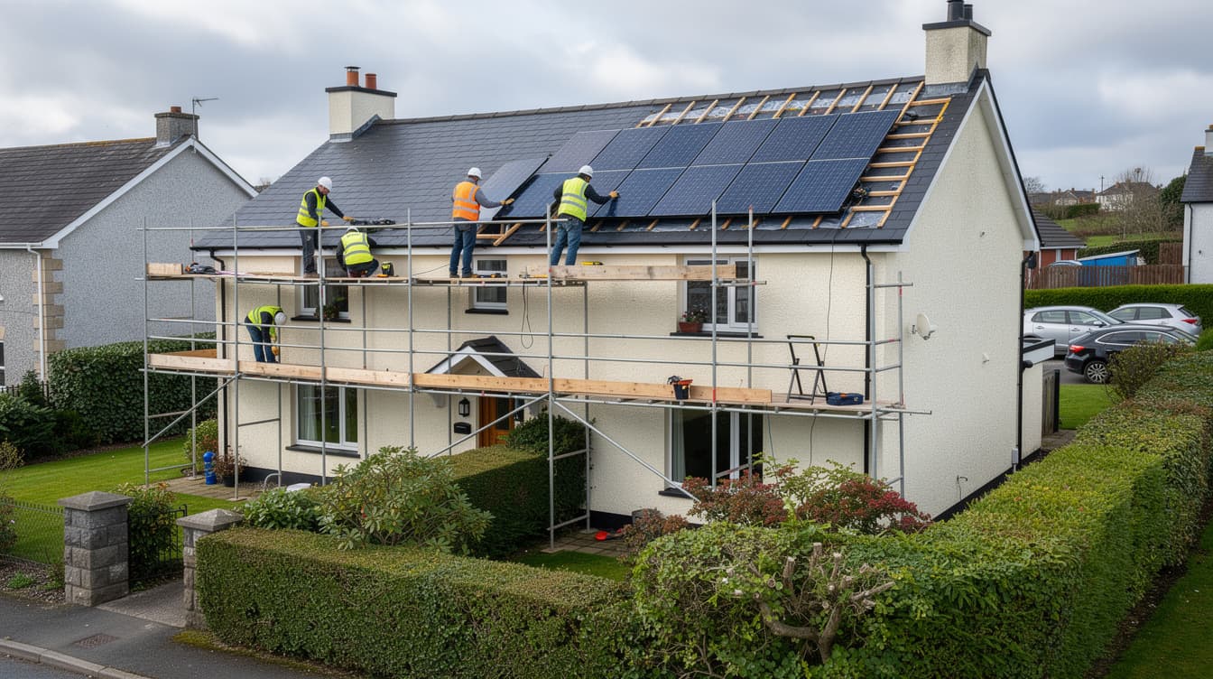 Workers installing solar panels on scaffolding during a home renovation on an Irish house