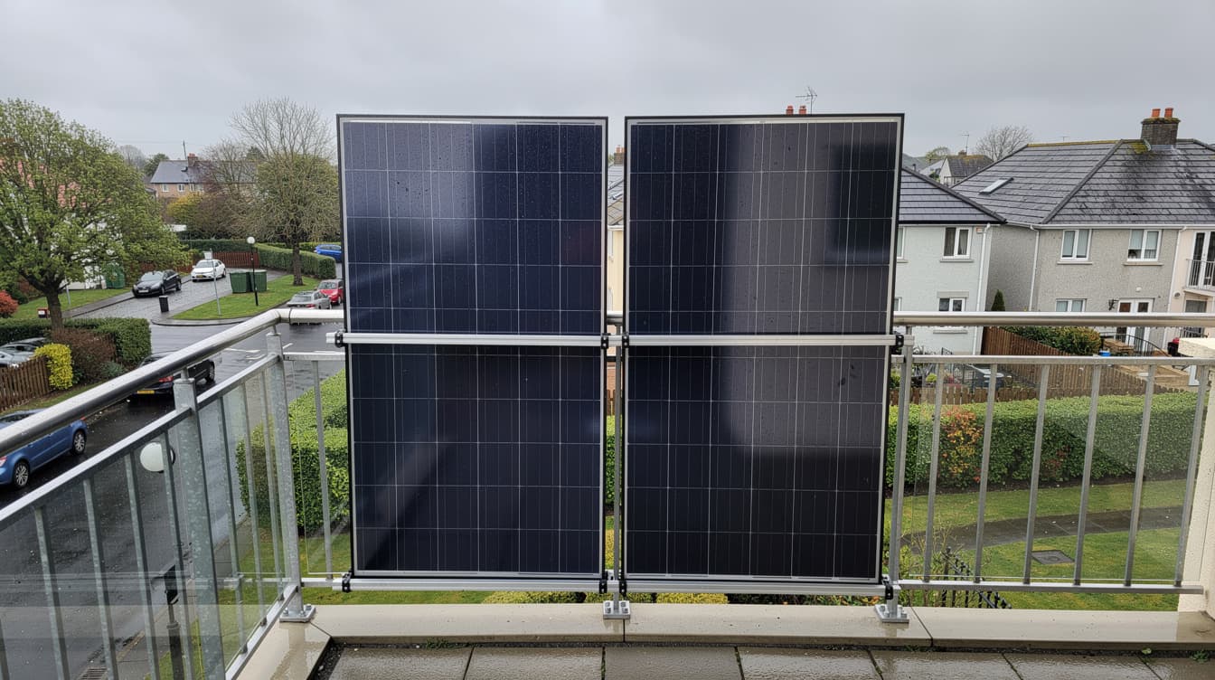 Solar panels mounted on apartment balcony railing in Irish residential area