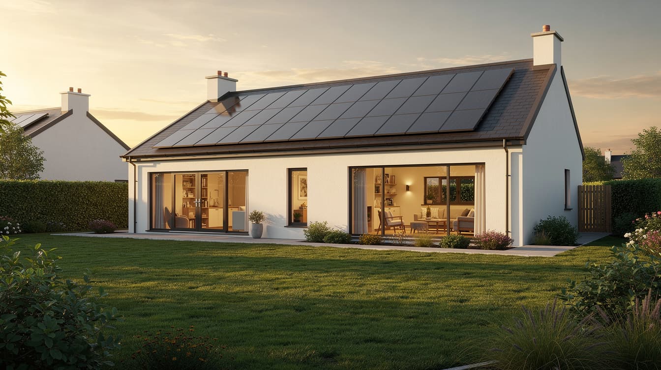 Modern Irish bungalow with solar panels on roof at golden hour, warm interior glow visible
