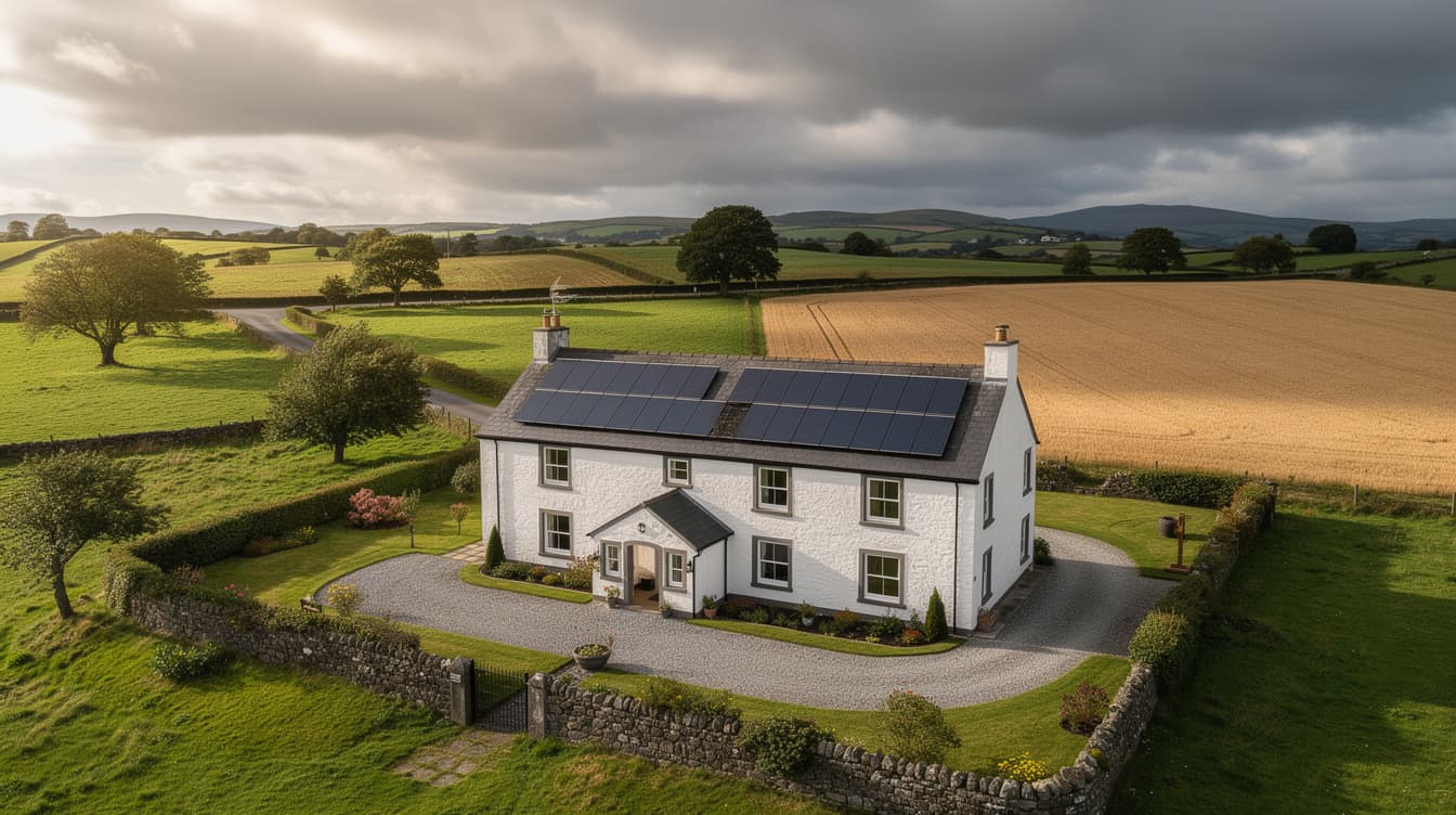 Aerial view of a Tipperary farmhouse with solar panels on the roof, surrounded by green fields and golden farmland