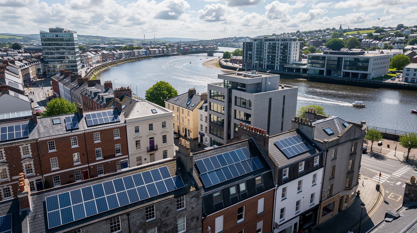 Aerial view of Waterford city rooftops with solar panels, River Suir visible, sunny day