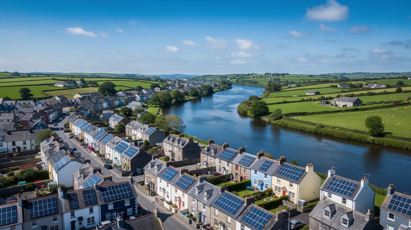 Aerial view of Wexford town with solar panels on residential rooftops, River Slaney and green countryside