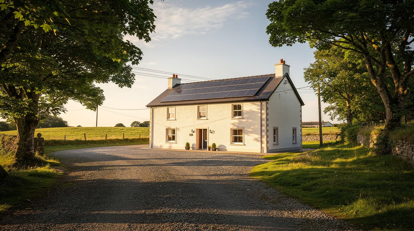Detached Irish farmhouse with solar panels and three-phase overhead supply