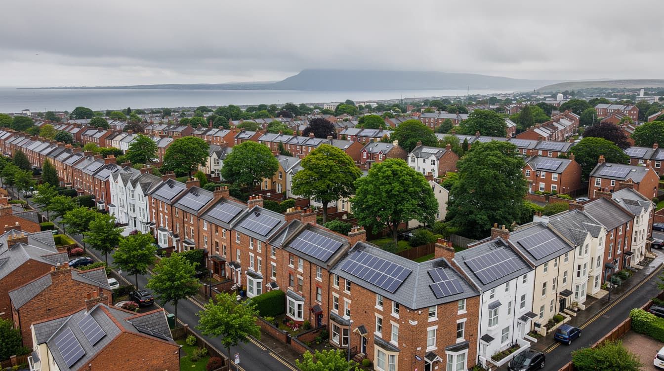 Aerial view of Belfast suburban rooftops with solar PV panels, Belfast Lough and Cave Hill in distance