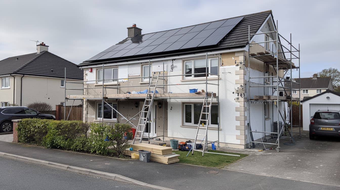 Irish suburban house being retrofitted with external insulation and rooftop solar panels for BER upgrade