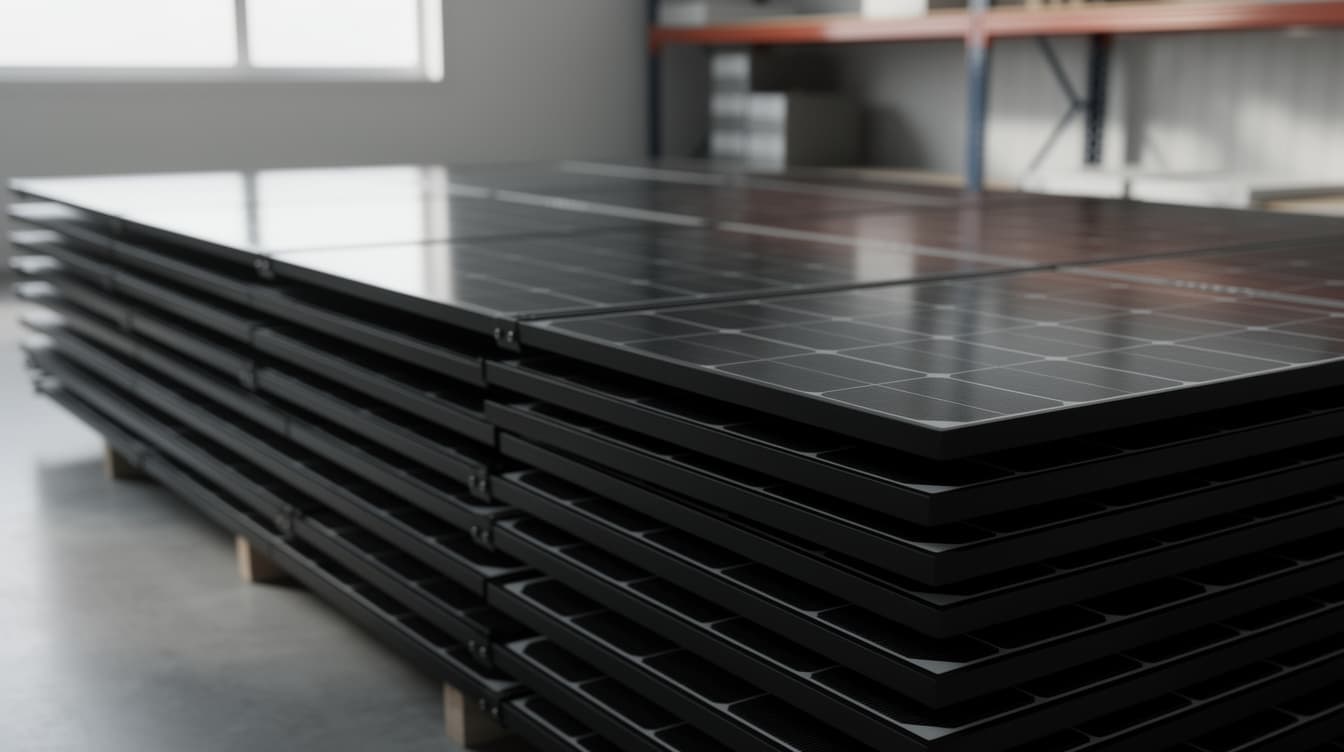 Stack of premium black monocrystalline solar PV panels at Irish installer warehouse