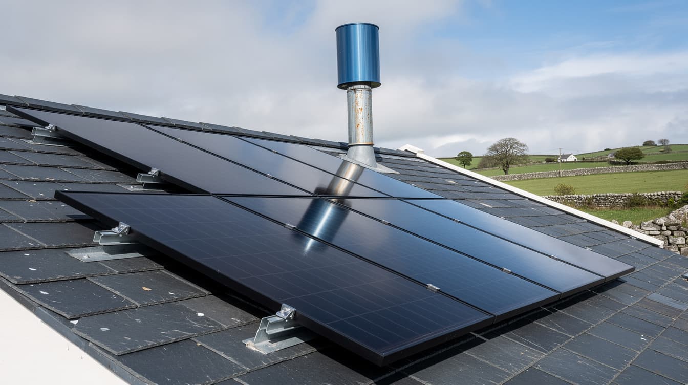 Solar PV panels on the slate roof of an Irish home with chimney flue visible above the roofline