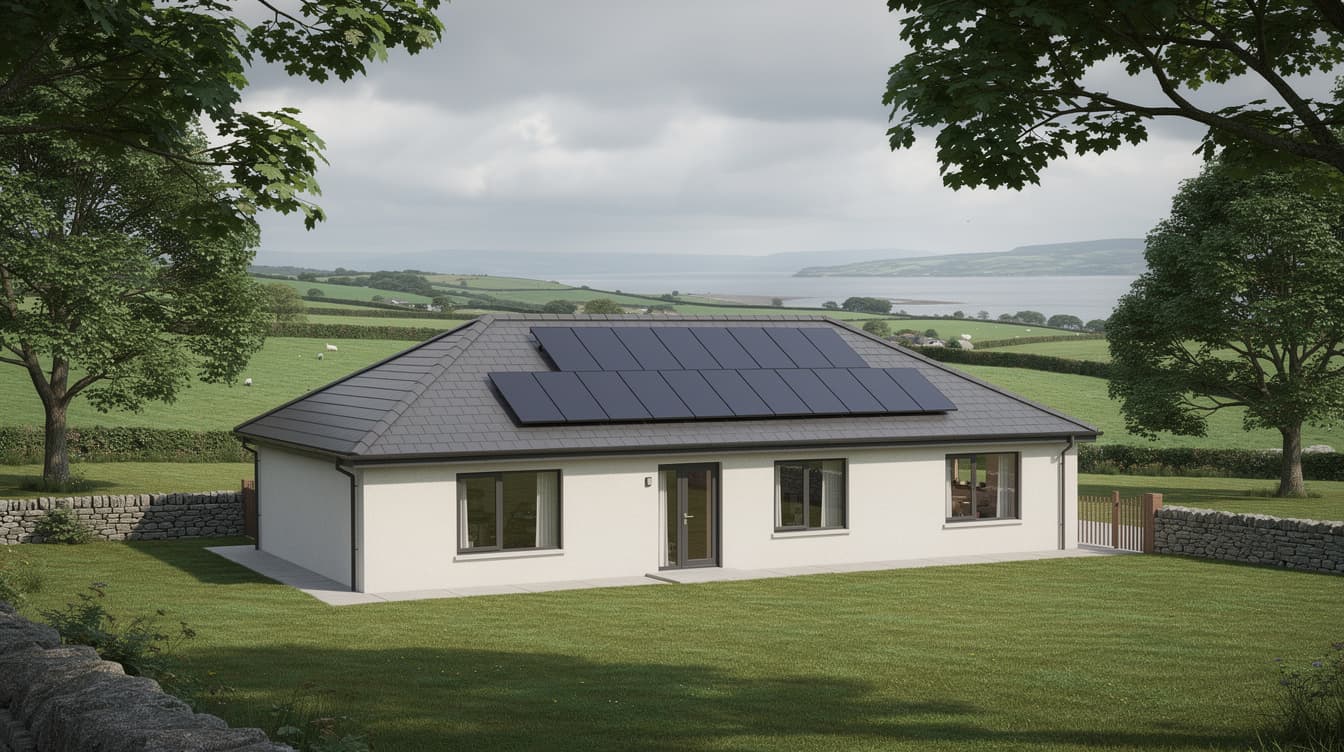 Detached Clare bungalow with rooftop solar panels overlooking the Shannon estuary, green farmland under a cloudy Atlantic sky
