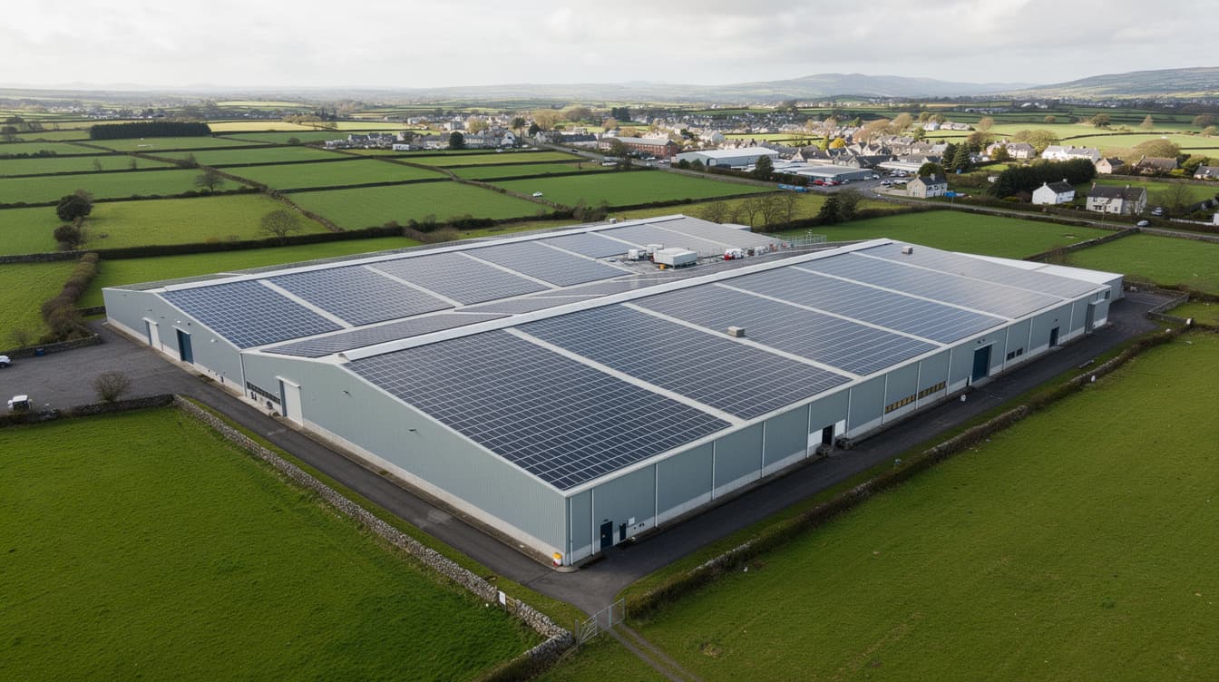 Aerial view of a large Irish industrial warehouse with solar panels covering the full roof, surrounded by green fields