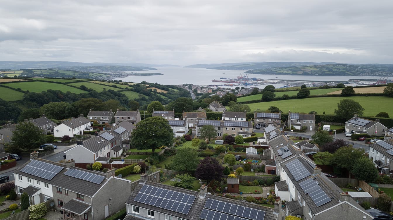 Aerial view of Cork suburban rooftops with solar PV panels, Cork harbour in distance