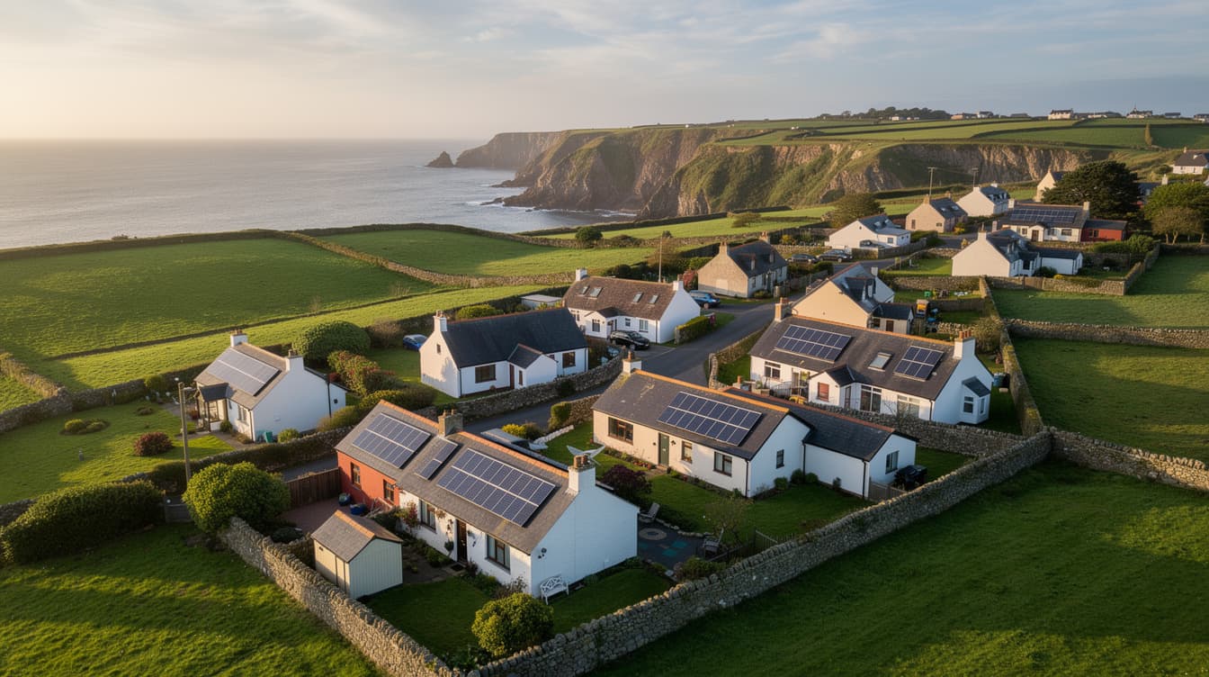 Aerial view of a Cork coastal village with solar panels on cottage rooftops and the Atlantic ocean in the distance