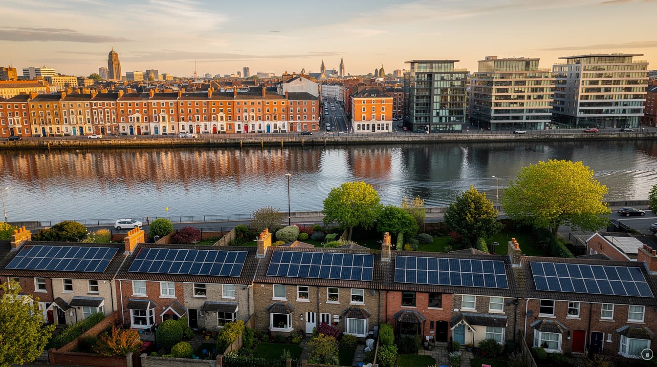 Dublin skyline with rooftop solar panels on Liffey-side terraces in foreground
