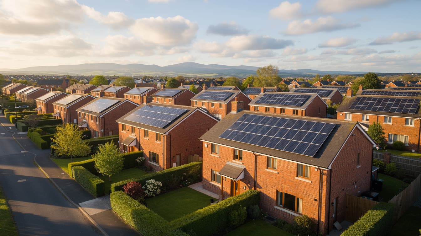 Aerial view of red brick Dublin suburban houses with solar panels on south-facing rooftops and the Dublin mountains in the distance