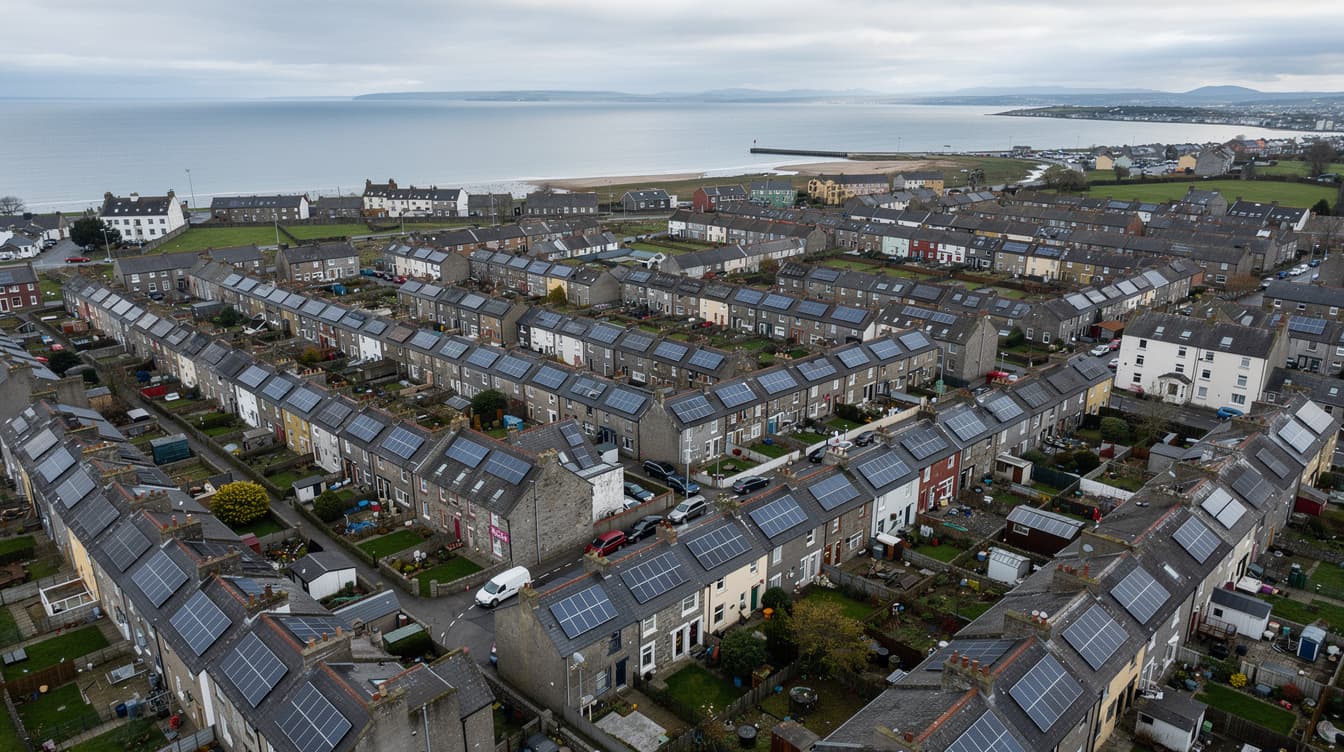 Aerial view of Galway terraced rooftops with solar panels, Galway Bay in the distance