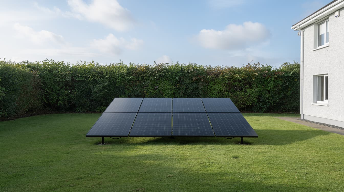 Ground-mounted solar array on a green lawn in an Irish back garden with a white house in the background