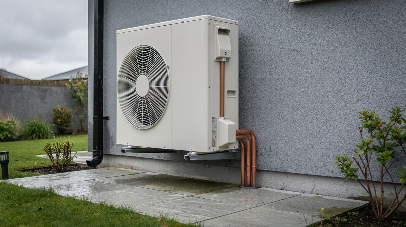 Air to water heat pump outdoor unit installed at side of Irish home with copper pipework