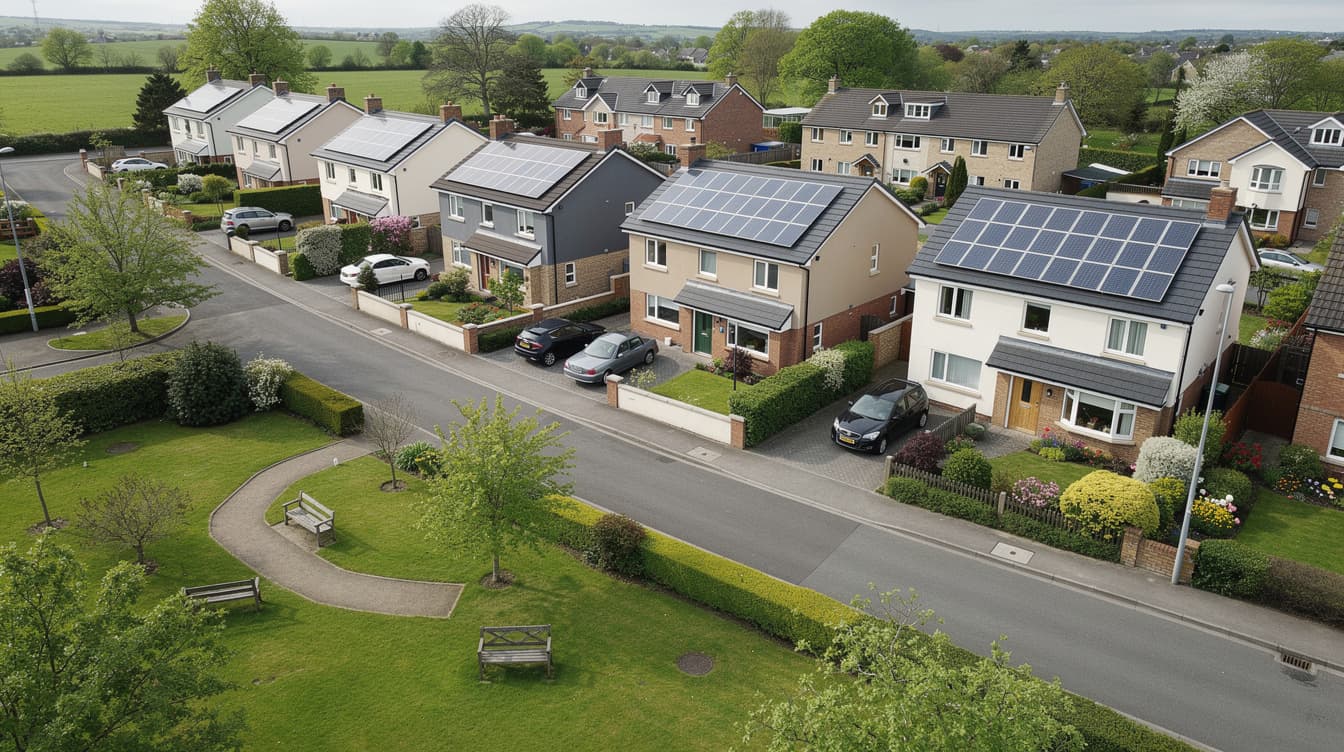 Aerial view of an Irish suburban street with multiple homes featuring rooftop solar panels