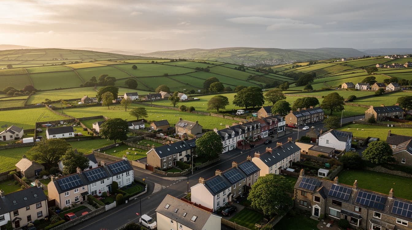Aerial view of an Irish town and surrounding countryside with rooftop solar panels