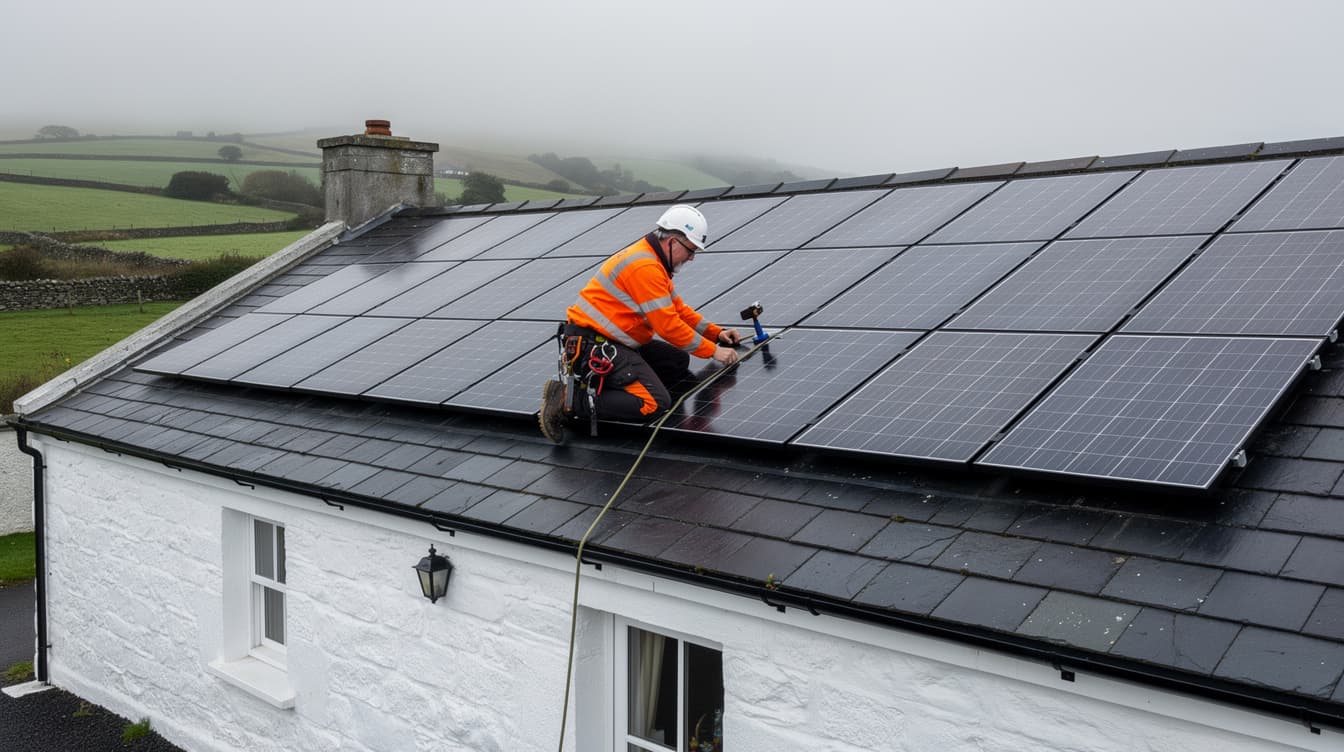 Solar installer in hi-vis jacket fitting panels to the slate roof of an Irish cottage with green hills behind