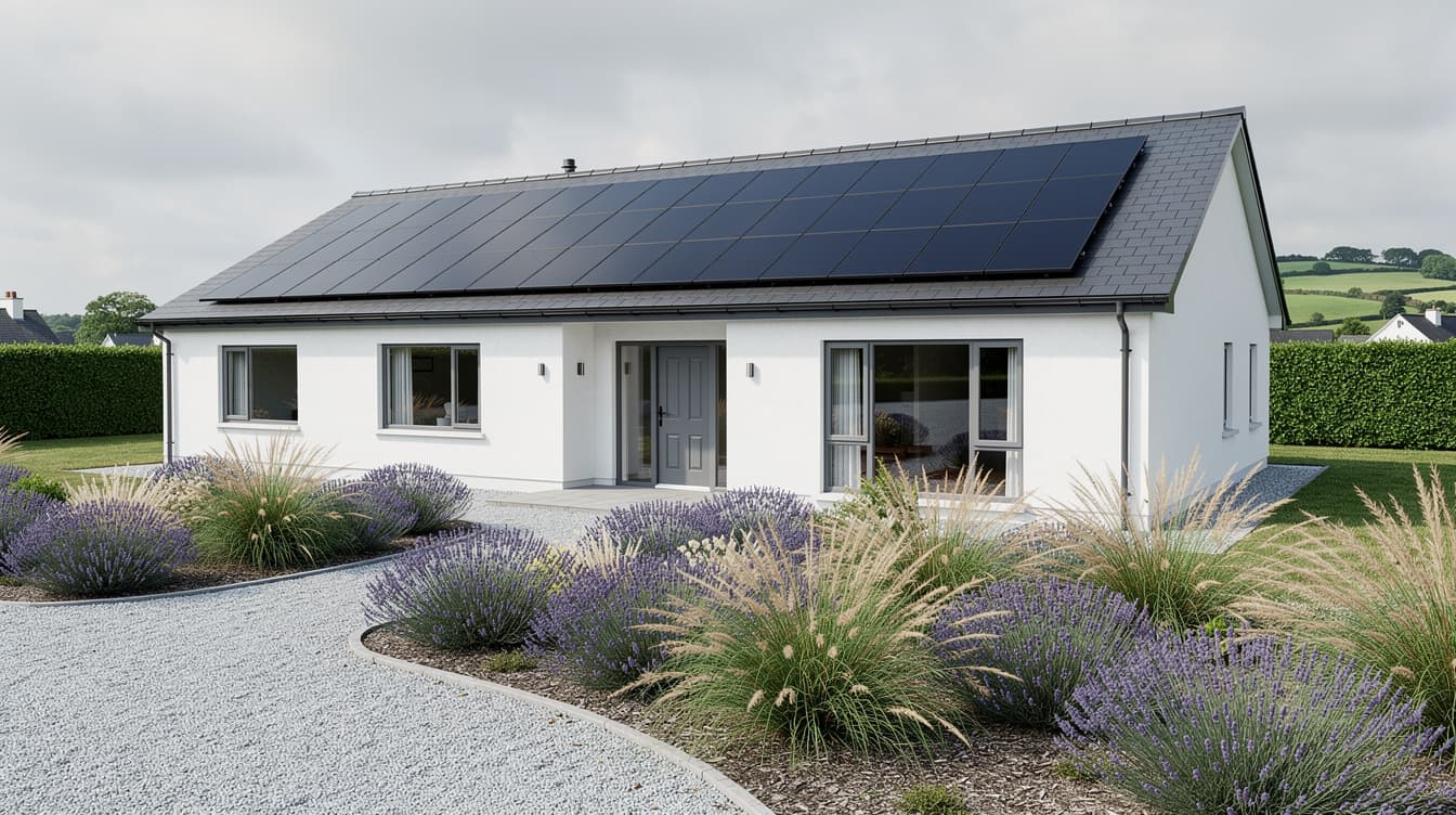 A modern white Irish bungalow with solar panels on the slate roof, viewed across a front garden of lavender and ornamental grasses