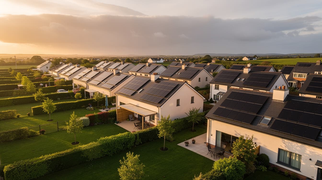 Aerial view of a row of modern Irish suburban houses with black solar panels on their roofs at golden hour