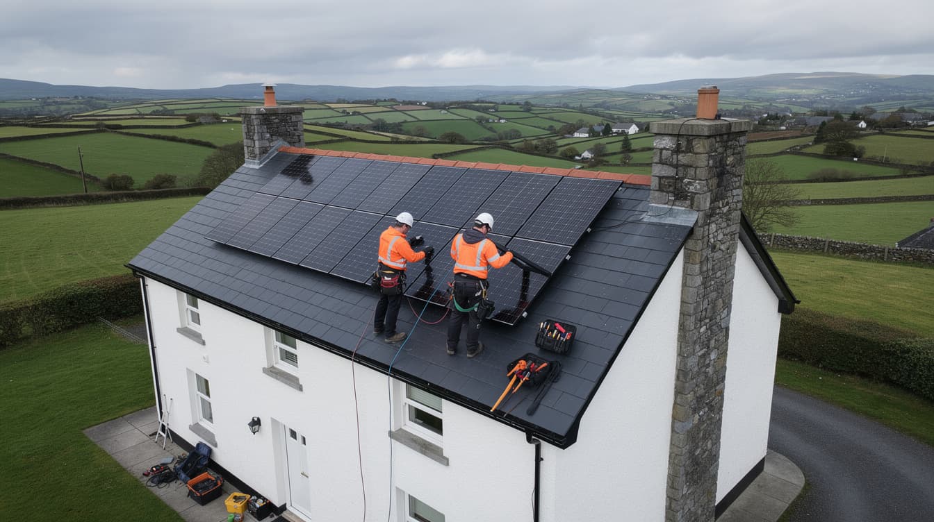 Two Irish solar installers in orange hi-vis jackets mounting panels on a slate roof with the green Wicklow countryside in the background