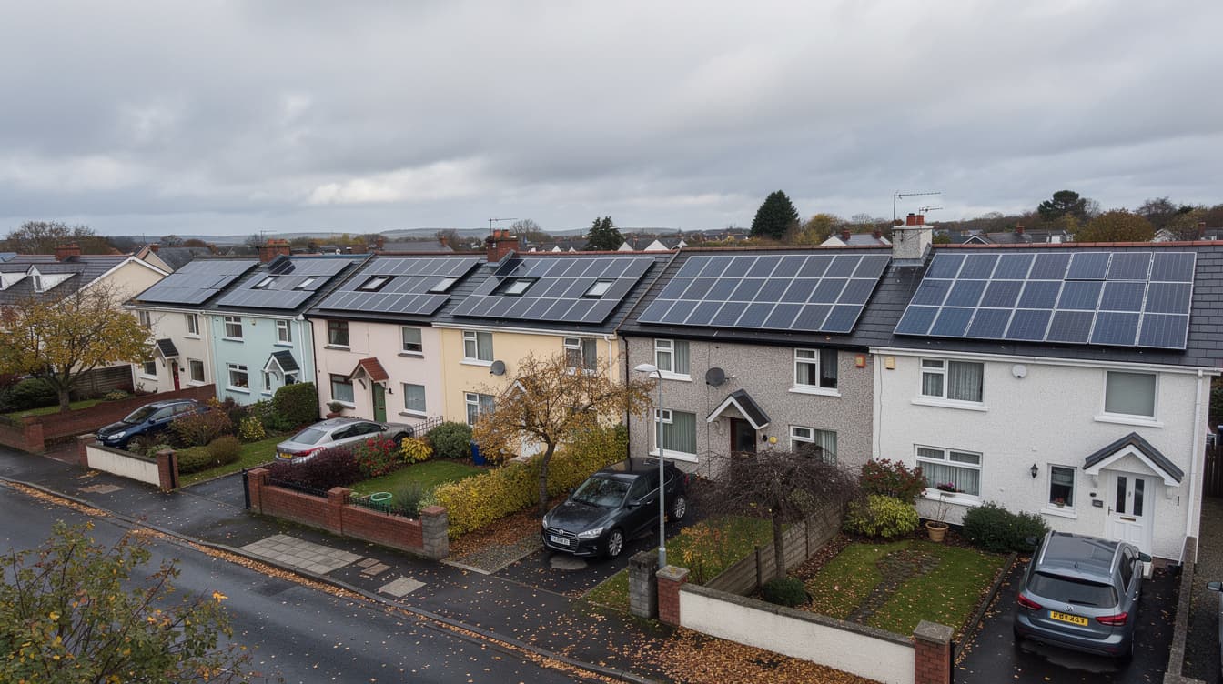 Row of Irish semi-detached houses with solar panels on rooftops under overcast autumn sky