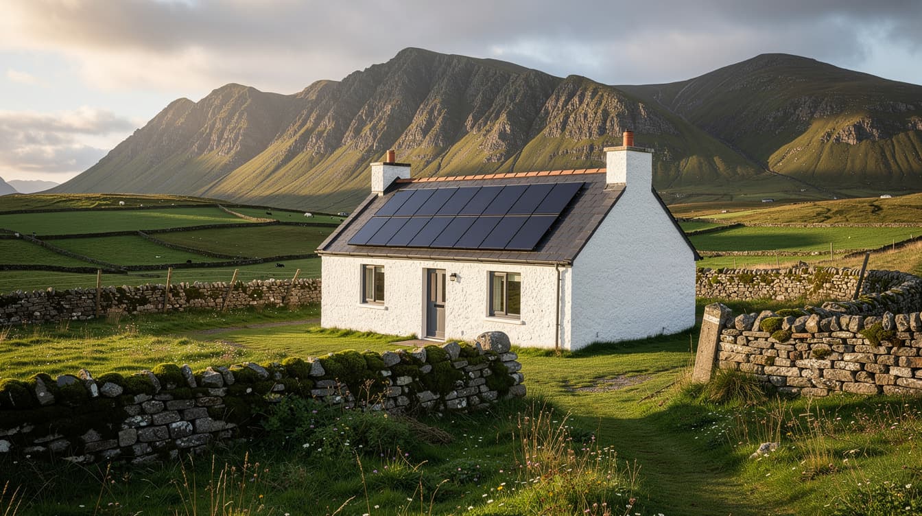 Whitewashed Kerry cottage with solar panels and Macgillycuddy Reeks mountains in background