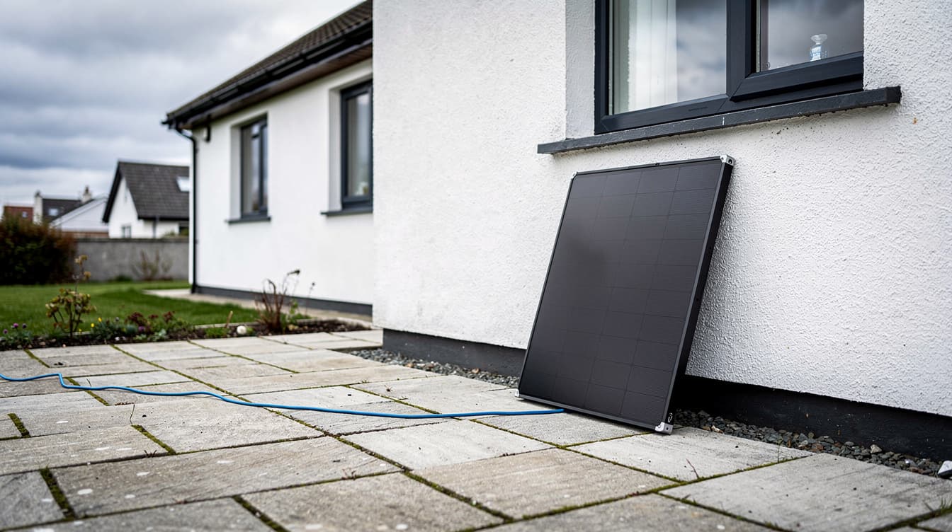 A compact black plug-in solar panel propped against the white wall of an Irish suburban house with a blue extension cable trailing across the patio