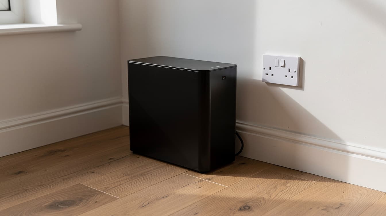 Lidl Tronic home solar battery storage unit next to a wall socket in an Irish home utility room