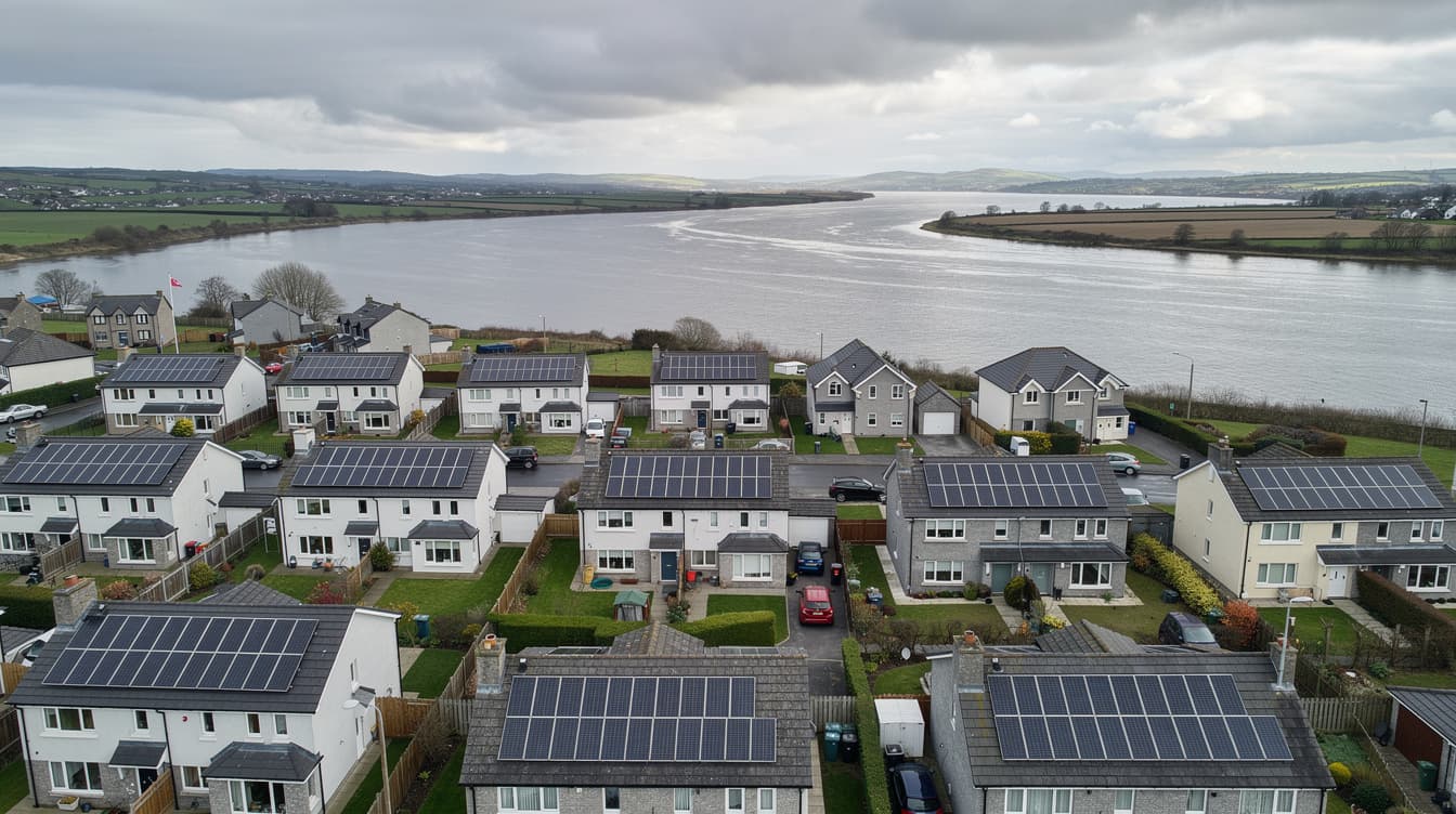 Aerial view of Limerick estate houses with rooftop solar panels and the River Shannon in the distance