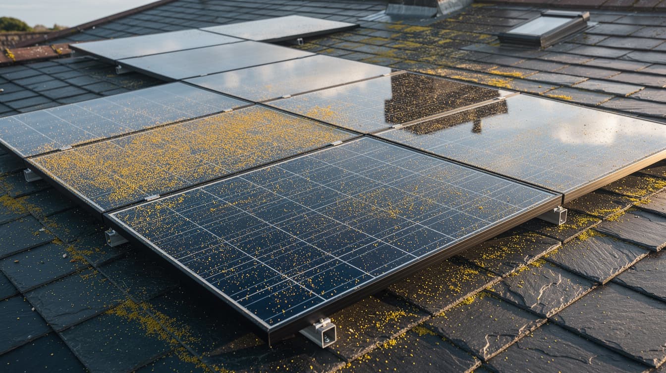 Solar panel array on Irish slate roof showing a light film of dust and pollen on the glass surface