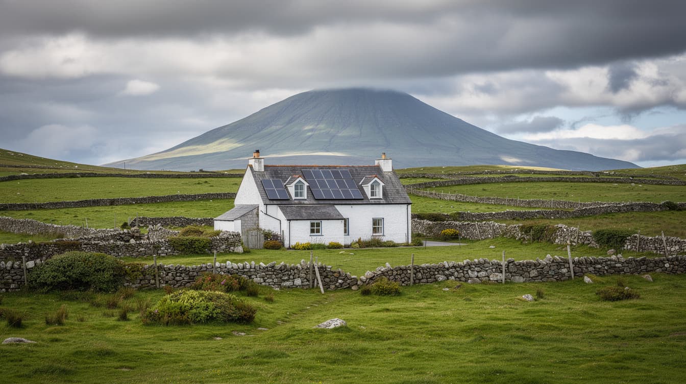 Whitewashed Mayo cottage with solar panels and Croagh Patrick mountain in background