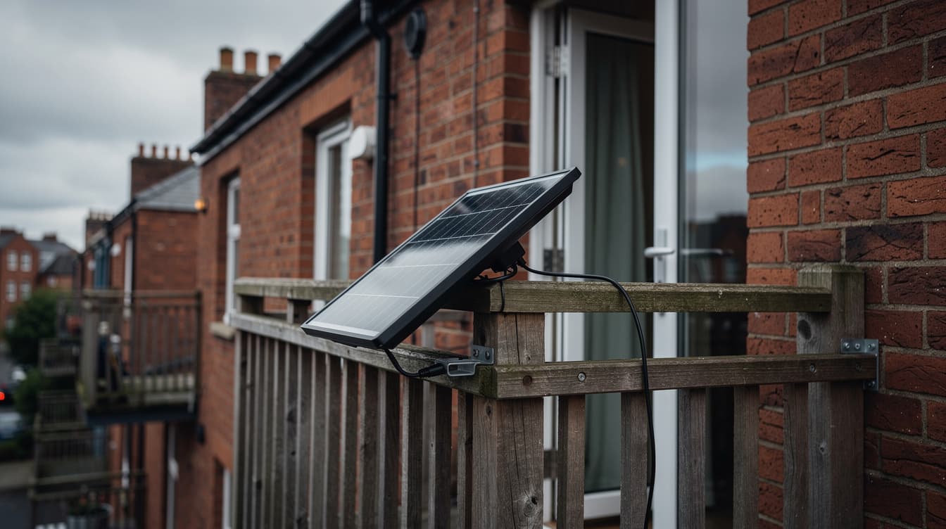 Small plug-in solar panel mounted on the wooden railing of an Irish balcony with overcast Dublin sky behind.