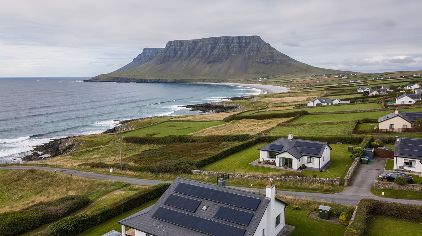 Aerial view of Sligo coast with Benbulben mountain and rooftop solar panels on Irish bungalows
