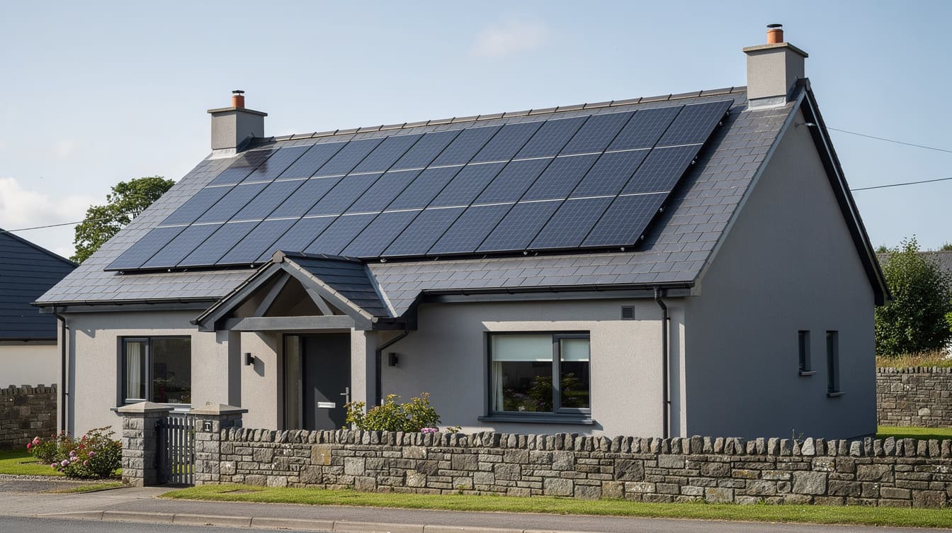 Modern Irish detached house with solar panels installed on a slate pitched roof, leaving clear margins around the edges.