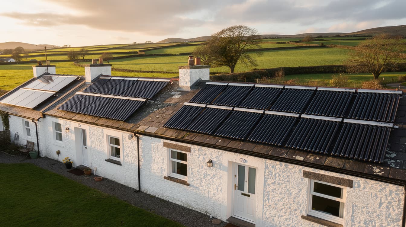Aerial view of evacuated-tube solar thermal collectors fitted on the slate roof of an Irish whitewashed cottage at golden hour