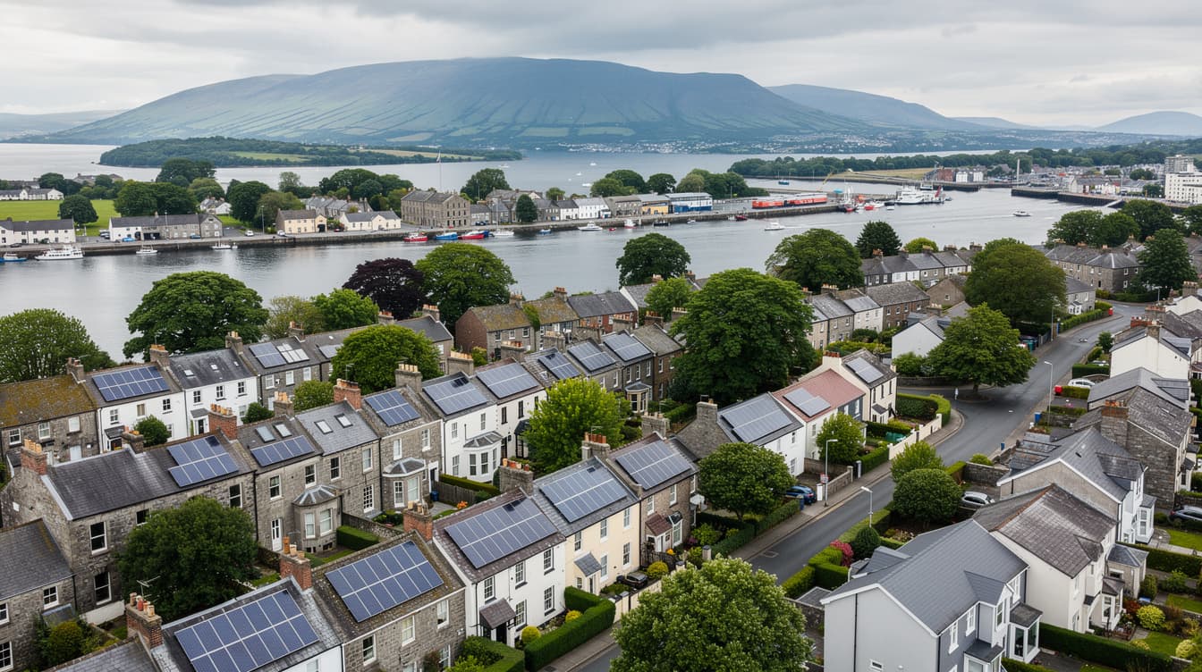 Aerial view of Waterford city rooftops with solar PV panels, River Suir and Comeragh Mountains in distance