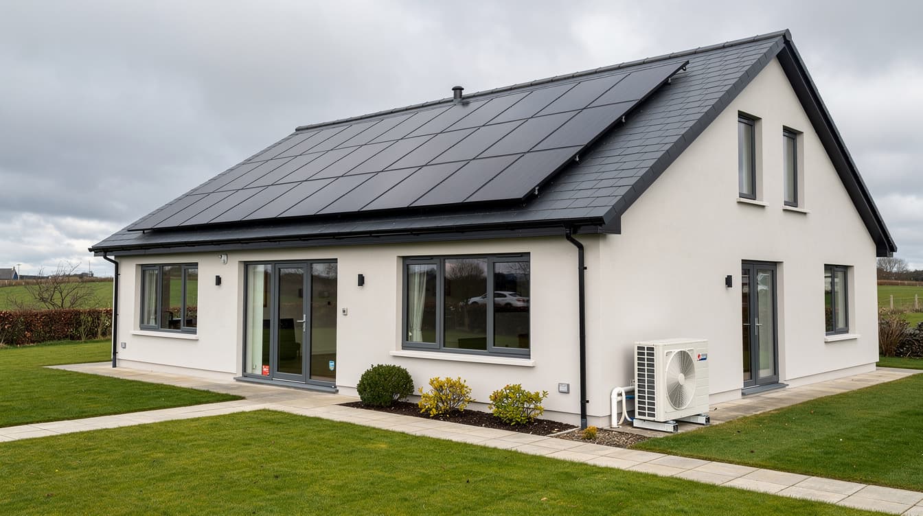 Modern Irish home with a large rooftop solar array and outdoor heat pump &mdash; typical of a 10kW household