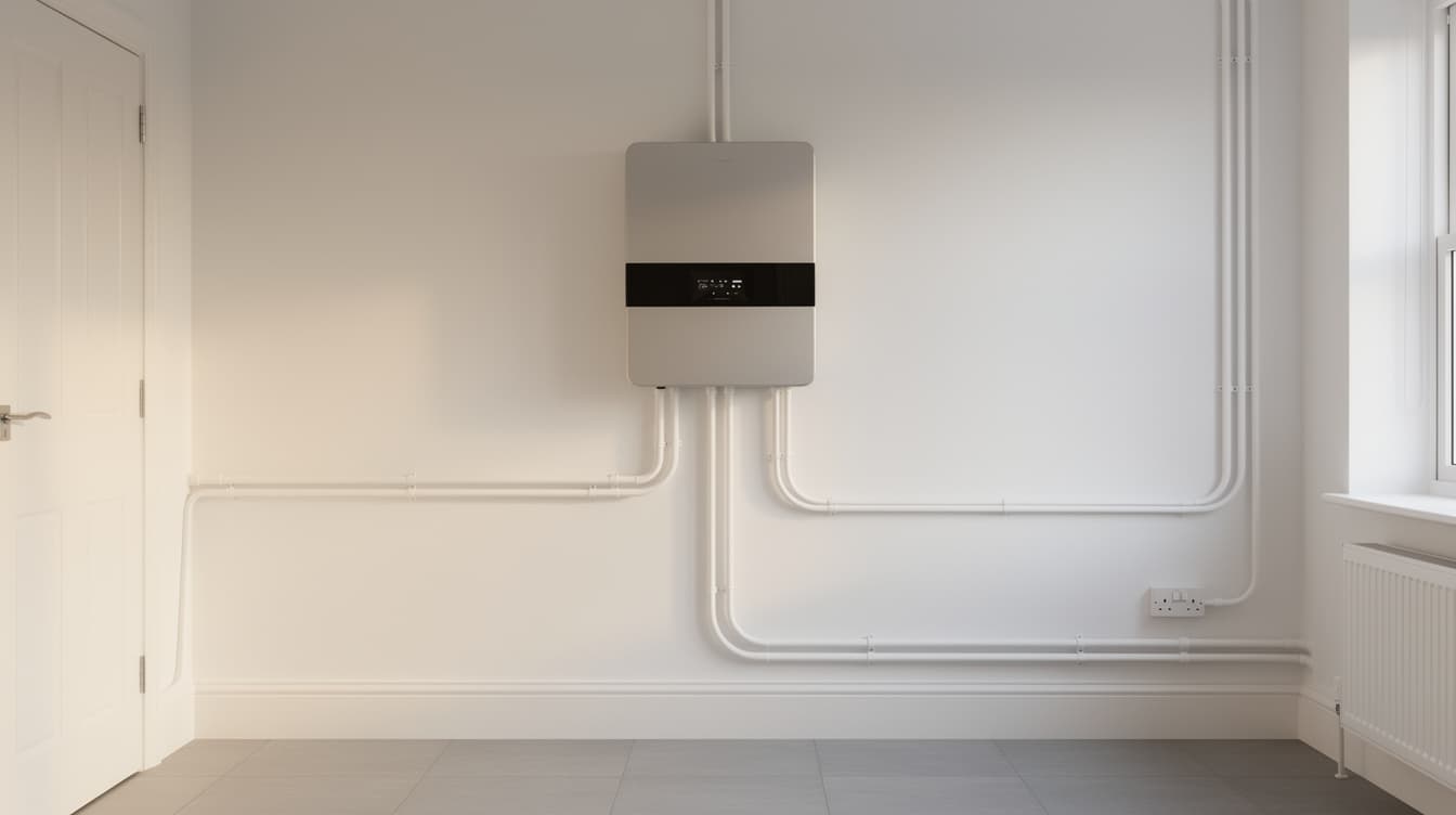 Home battery storage unit mounted on utility room wall inside an Irish house, no solar panels visible