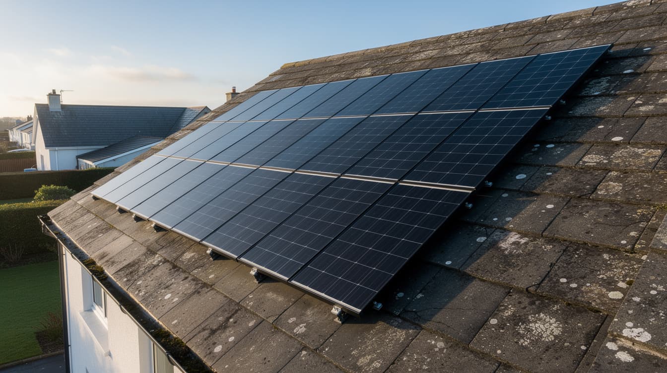 Aerial view of a completed rooftop solar array on an Irish detached house showing all panels neatly arranged
