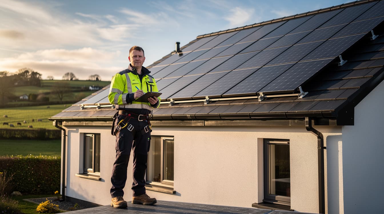 Solar installer with clipboard reviewing paperwork on a completed Irish rooftop installation