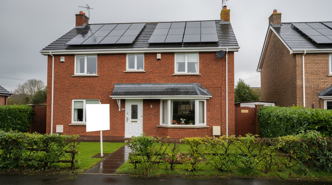 Irish red-brick semi-detached house with rooftop solar panels and a for-sale sign in the front garden